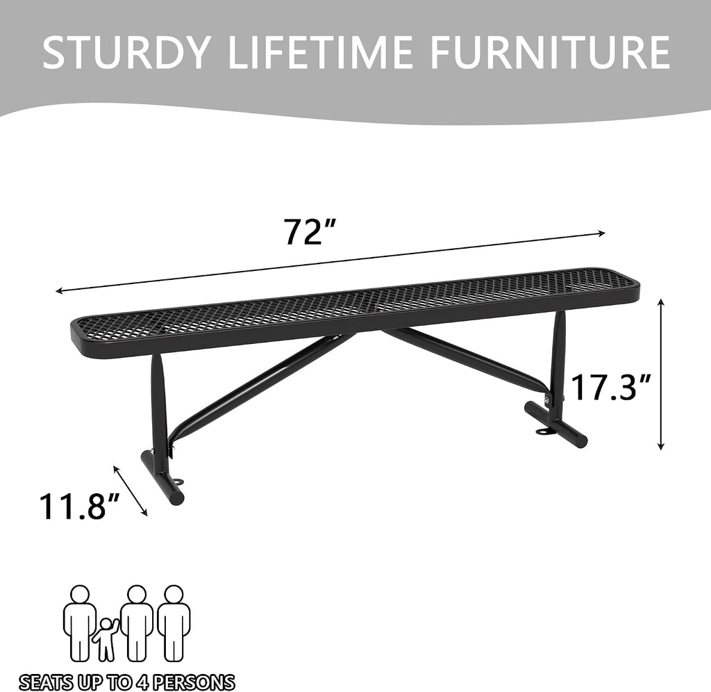 6ft Black Heavy-Duty Metal Park Bench, Portable Frame