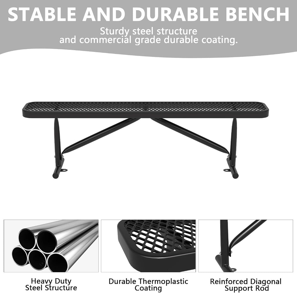6ft Black Heavy-Duty Metal Park Bench, Portable Frame