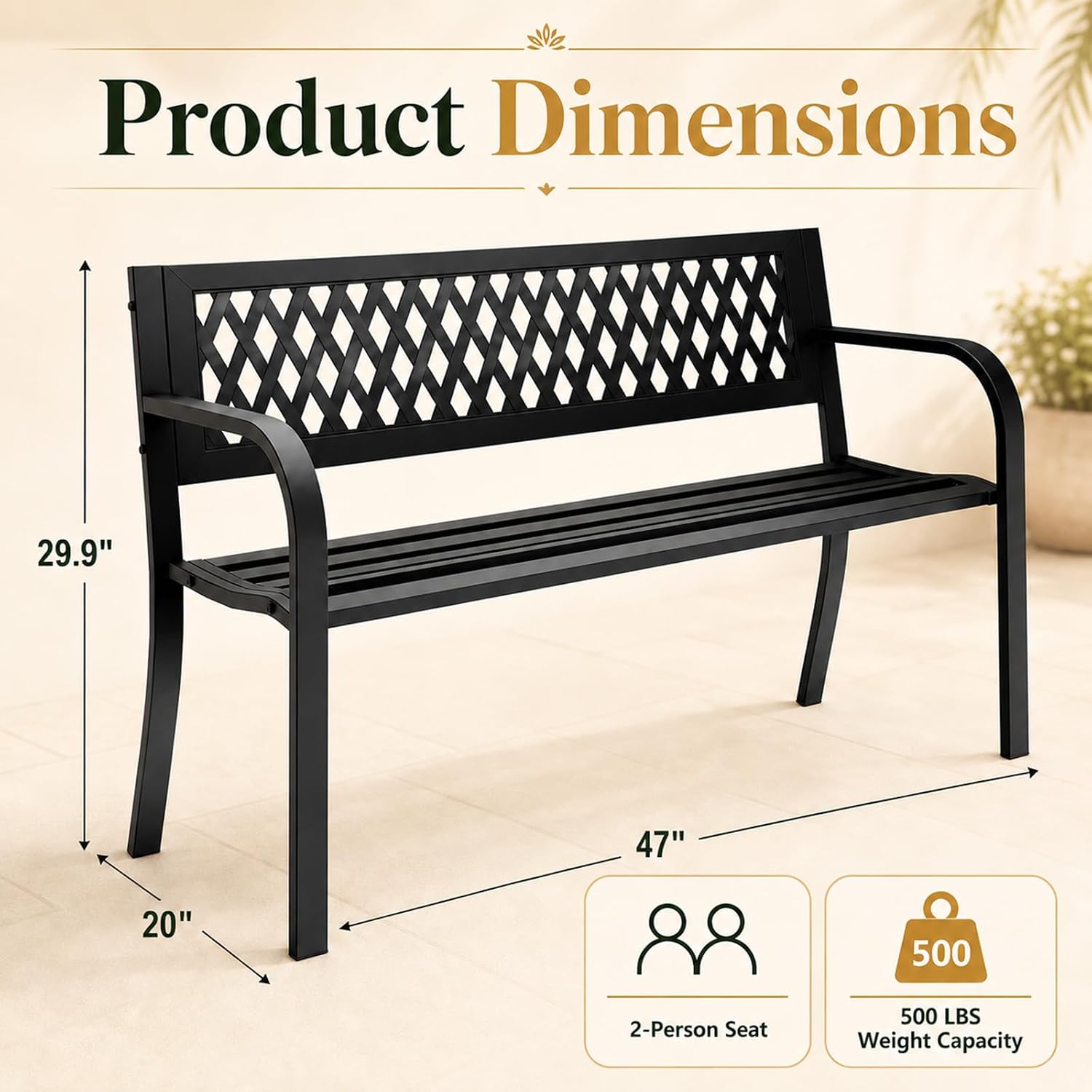 2-Pack Black 47" Heavy Duty Metal Garden Bench