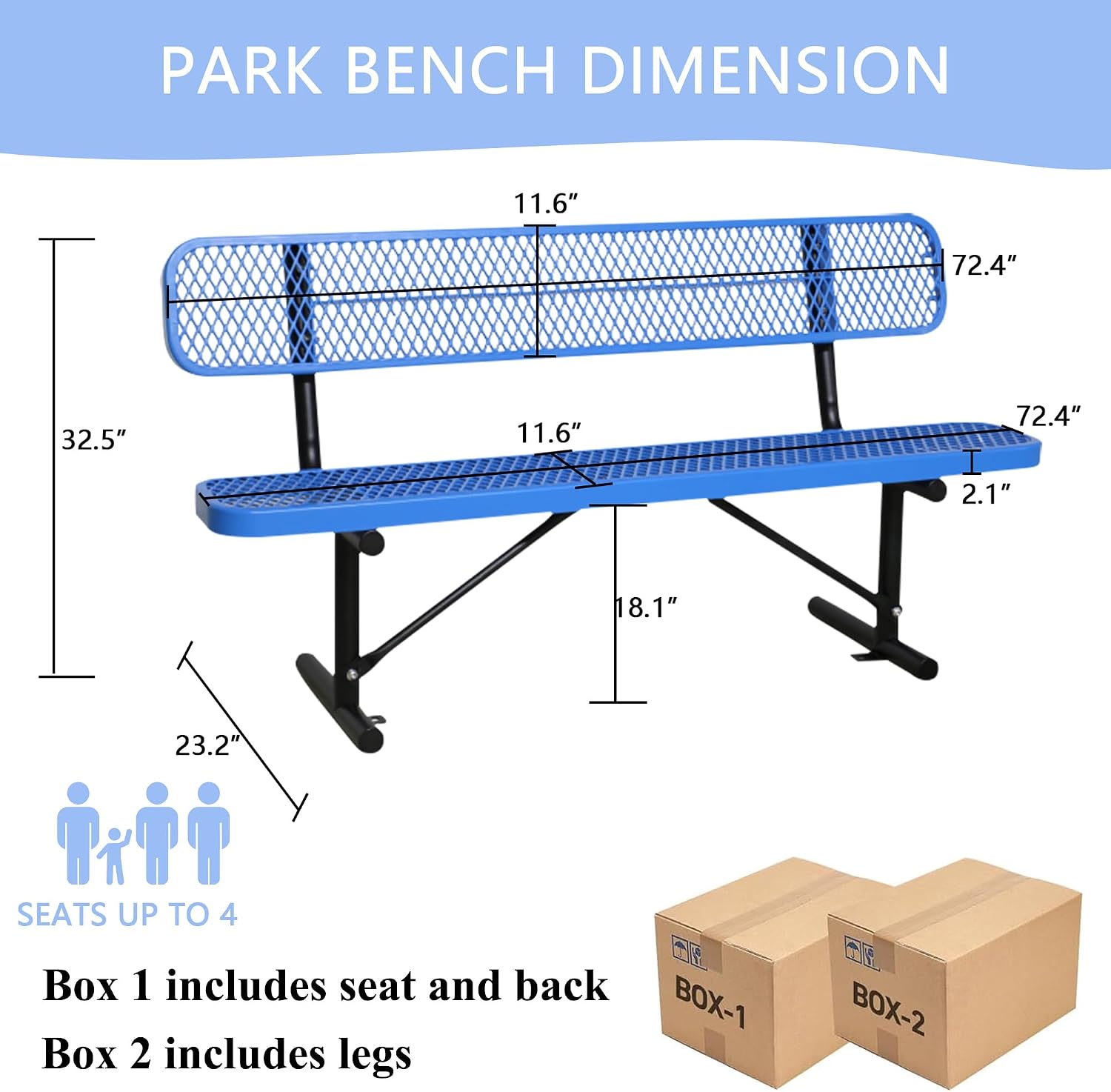 Blue Thermoplastic-Coated Metal Park Bench 6FT