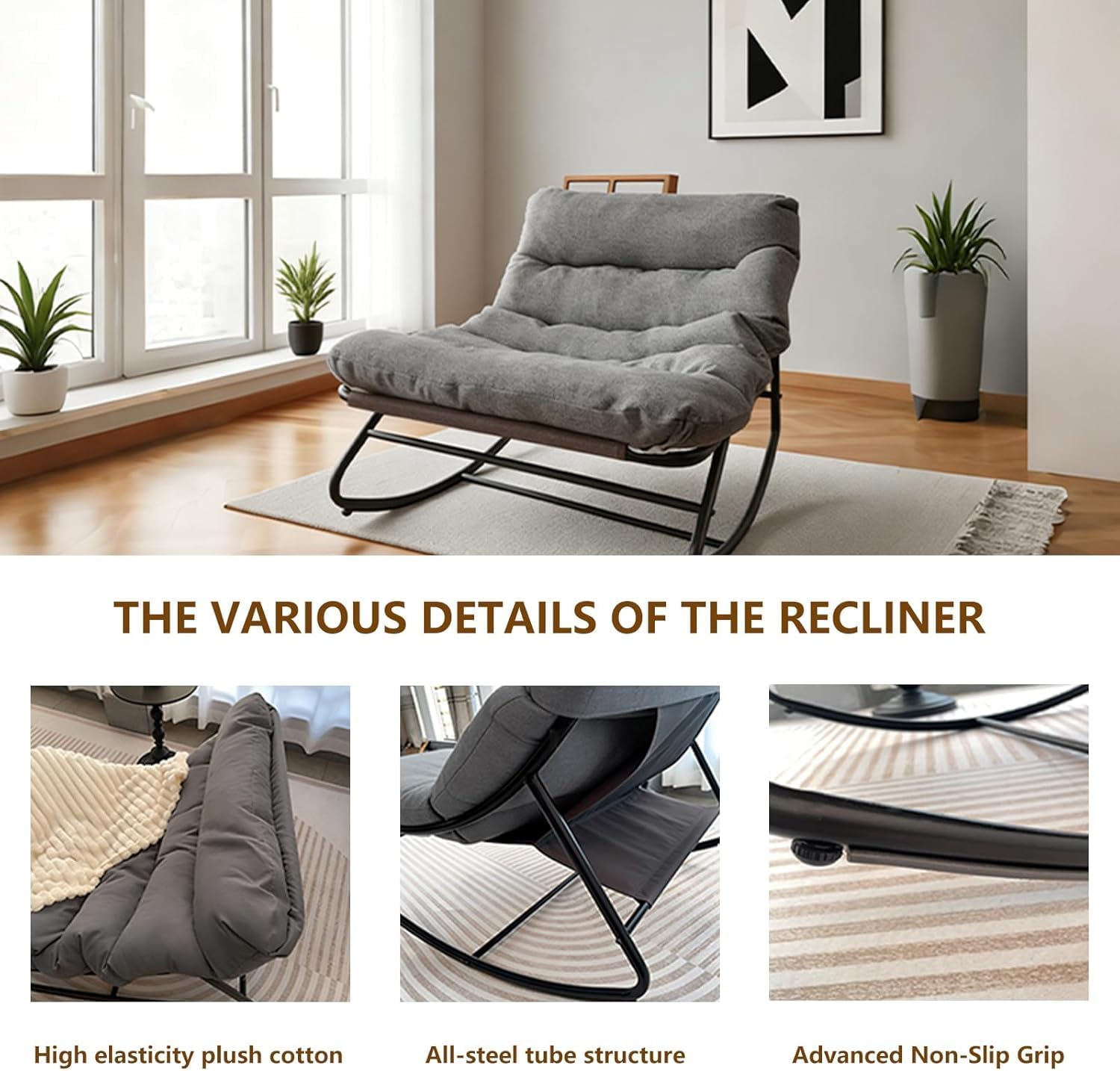 Gray Papasan Rocking Chair with Plush Cushion, 350 Lbs