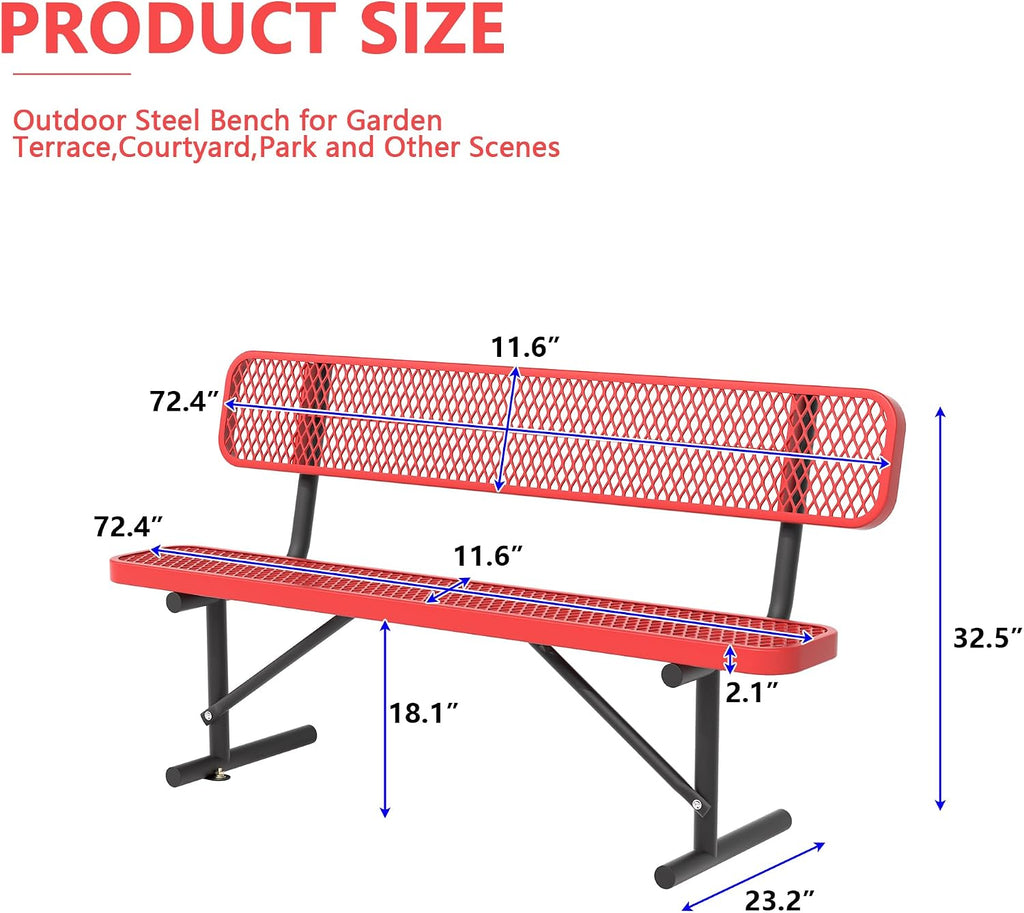 72" Red Metal Park Bench with Backrest, Heavy Duty
