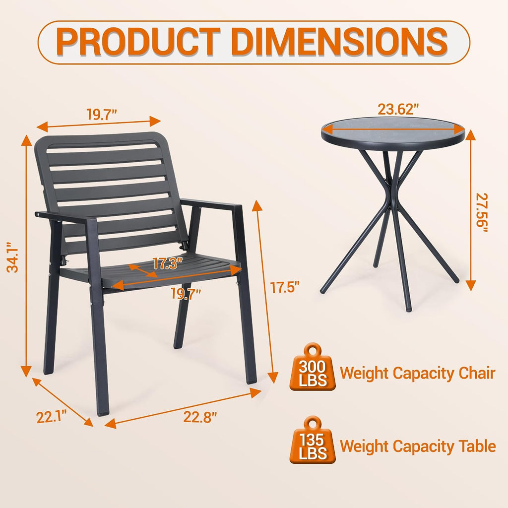 Grey 3-Piece Outdoor Patio Bistro Set