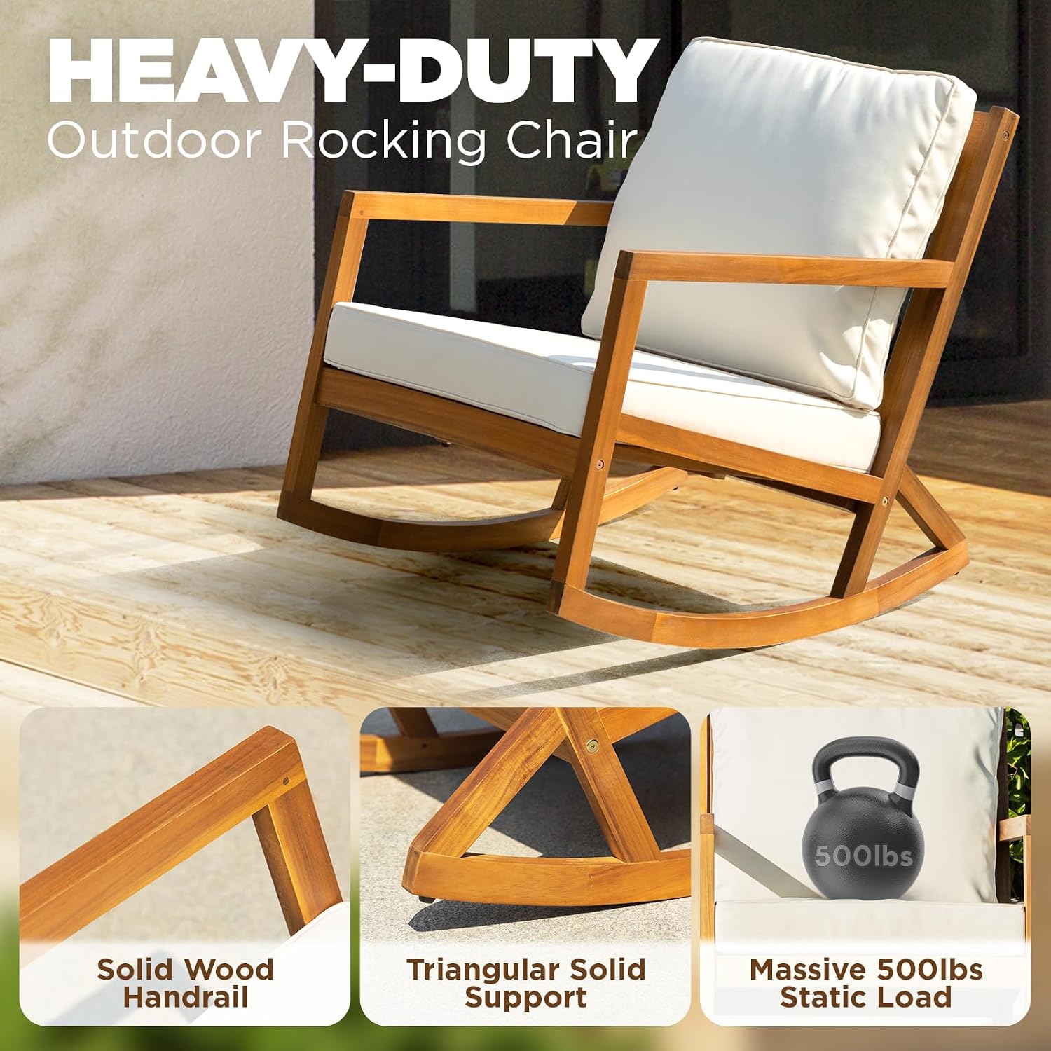 3-Piece Wood Patio Bistro Set, 400lbs Rocking Chairs