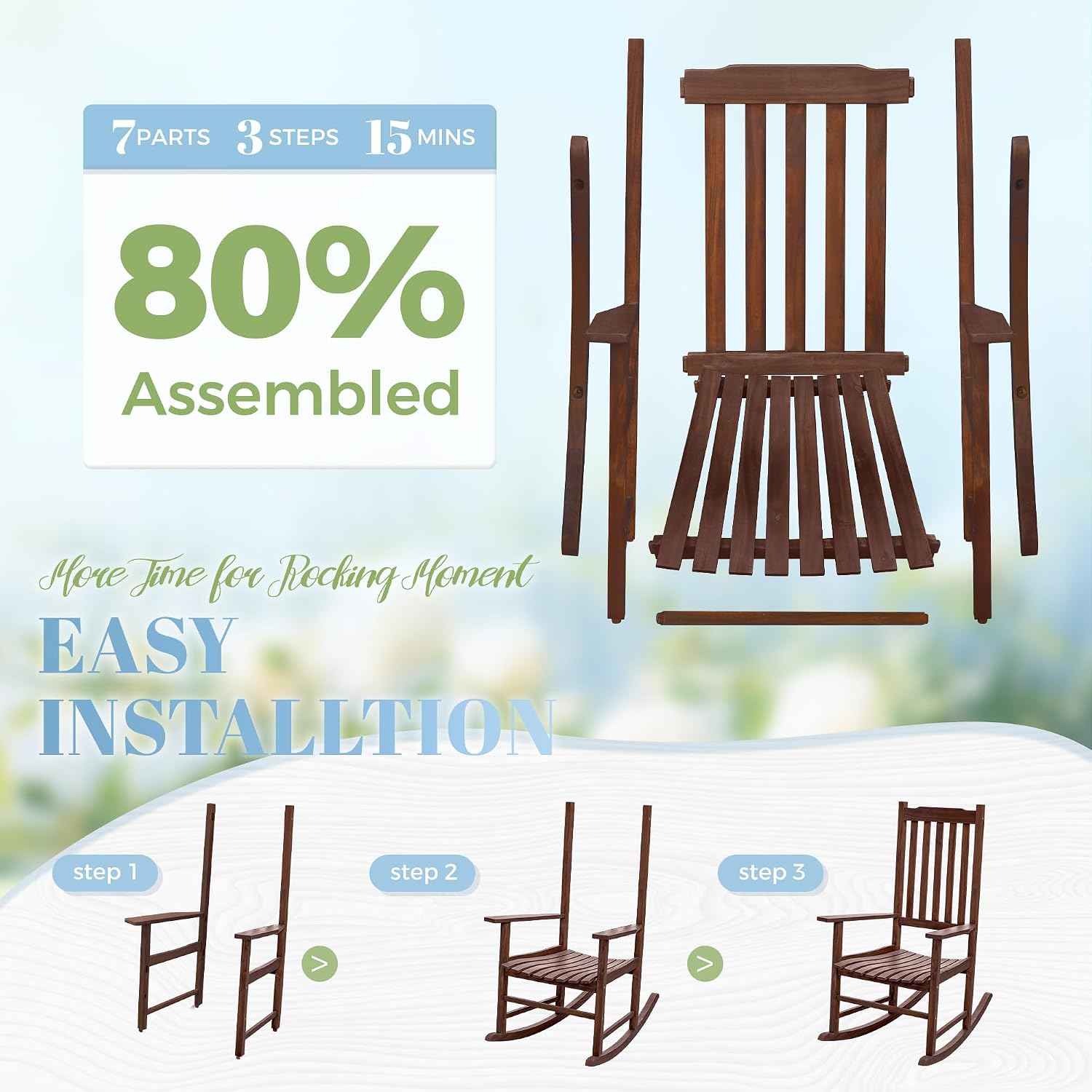 2-Pack Brown Acacia Wood Outdoor Rocking Chairs