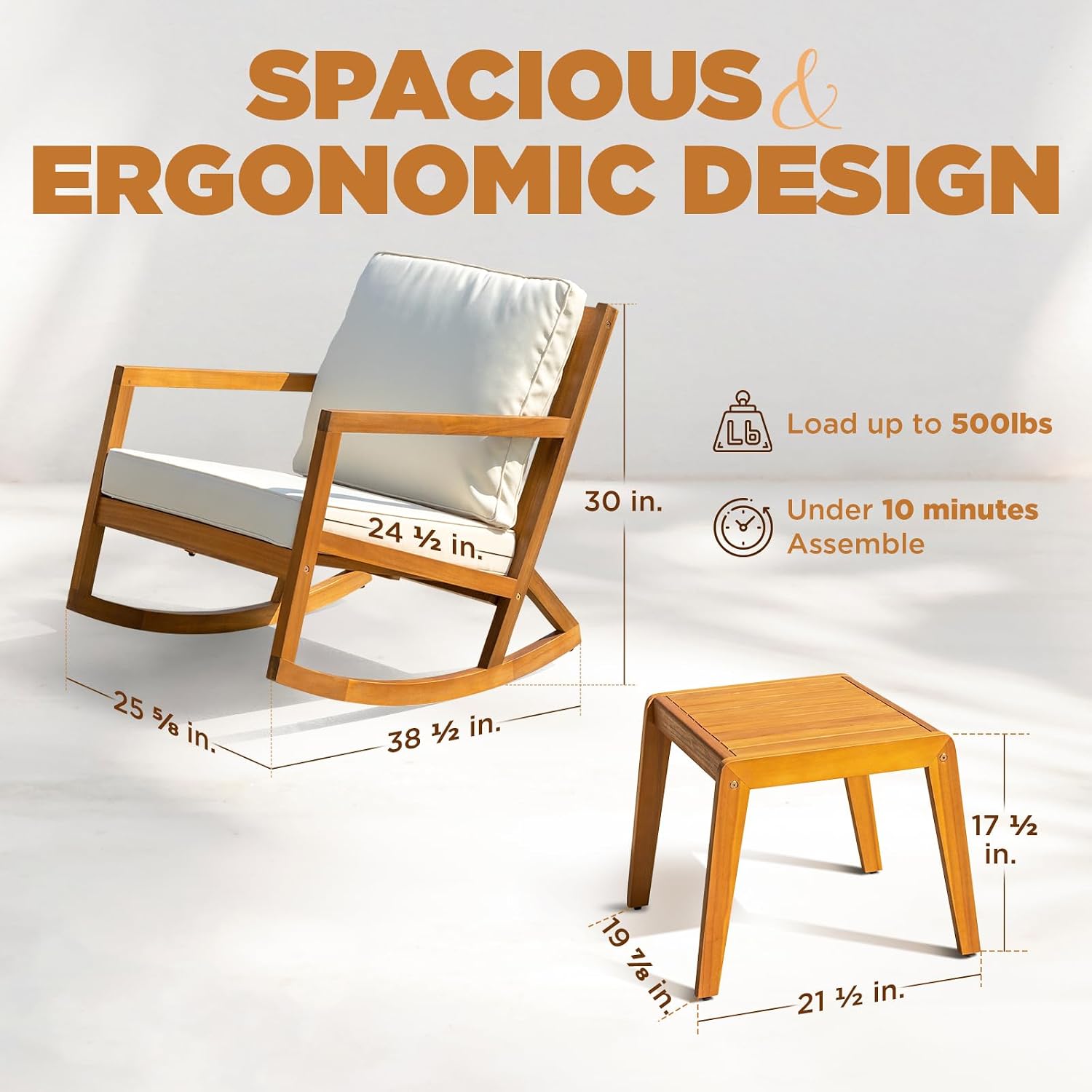 3-Piece Wood Patio Bistro Set, 400lbs Rocking Chairs