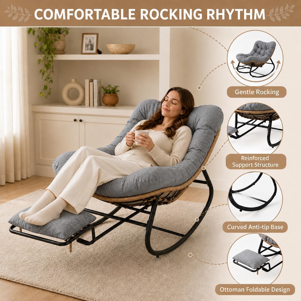 Grey Rocking Chair with Zero-Gravity Foot Rest & Ottoman