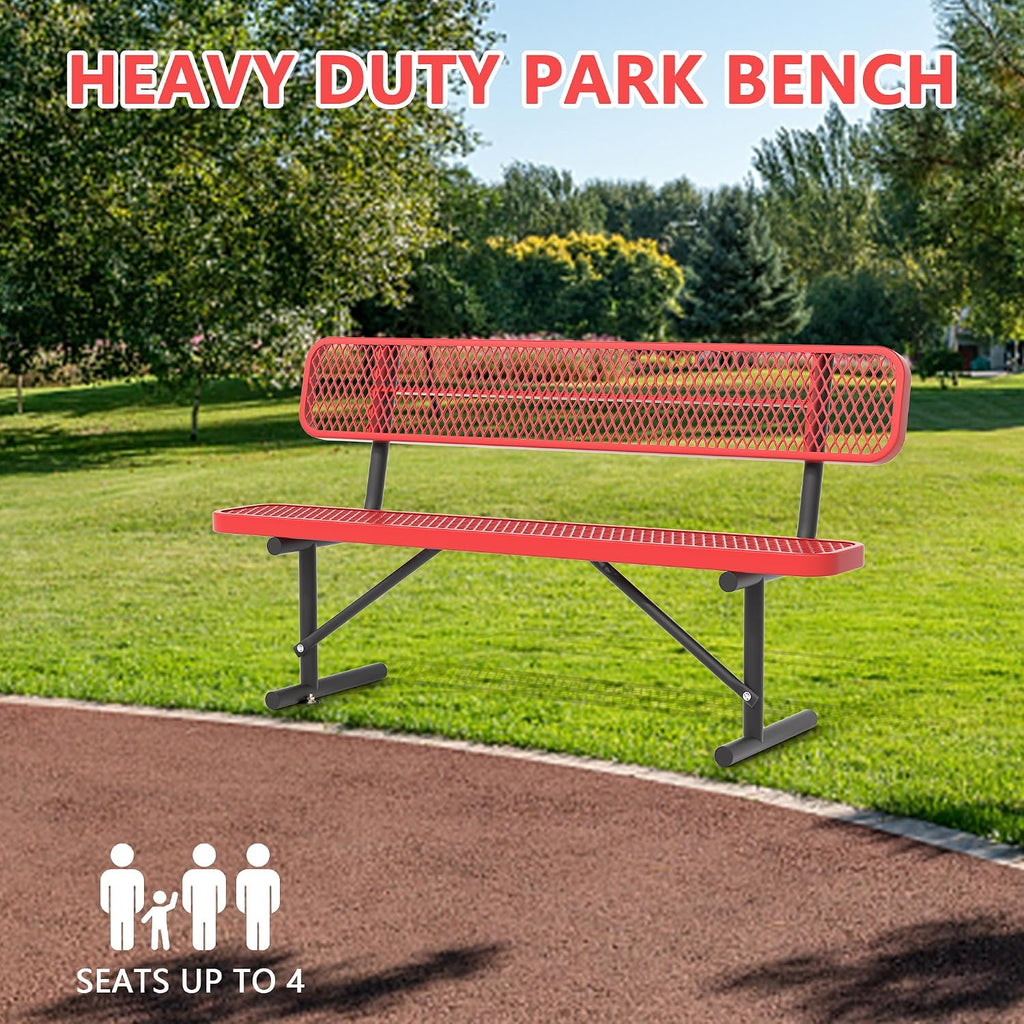 72" Red Metal Park Bench with Backrest, Heavy Duty