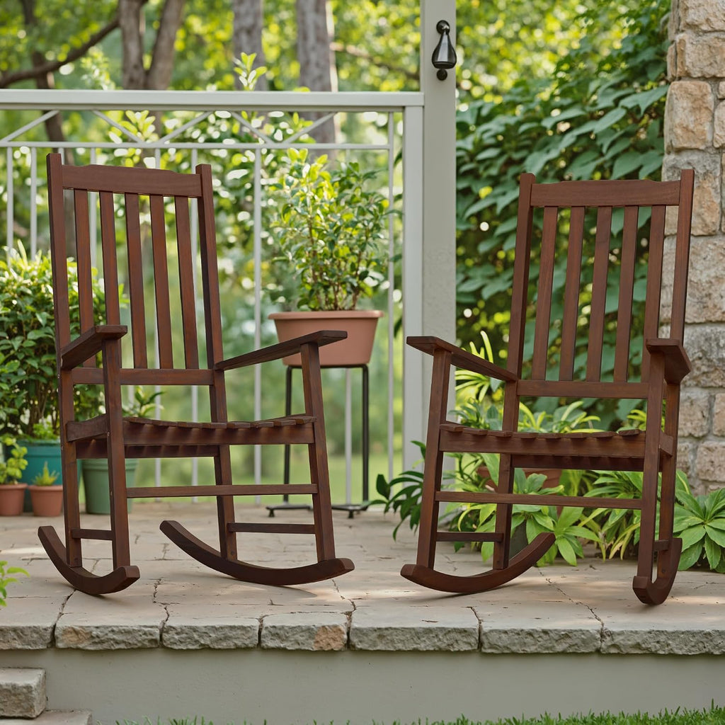 2-Pack Brown Acacia Wood Outdoor Rocking Chairs