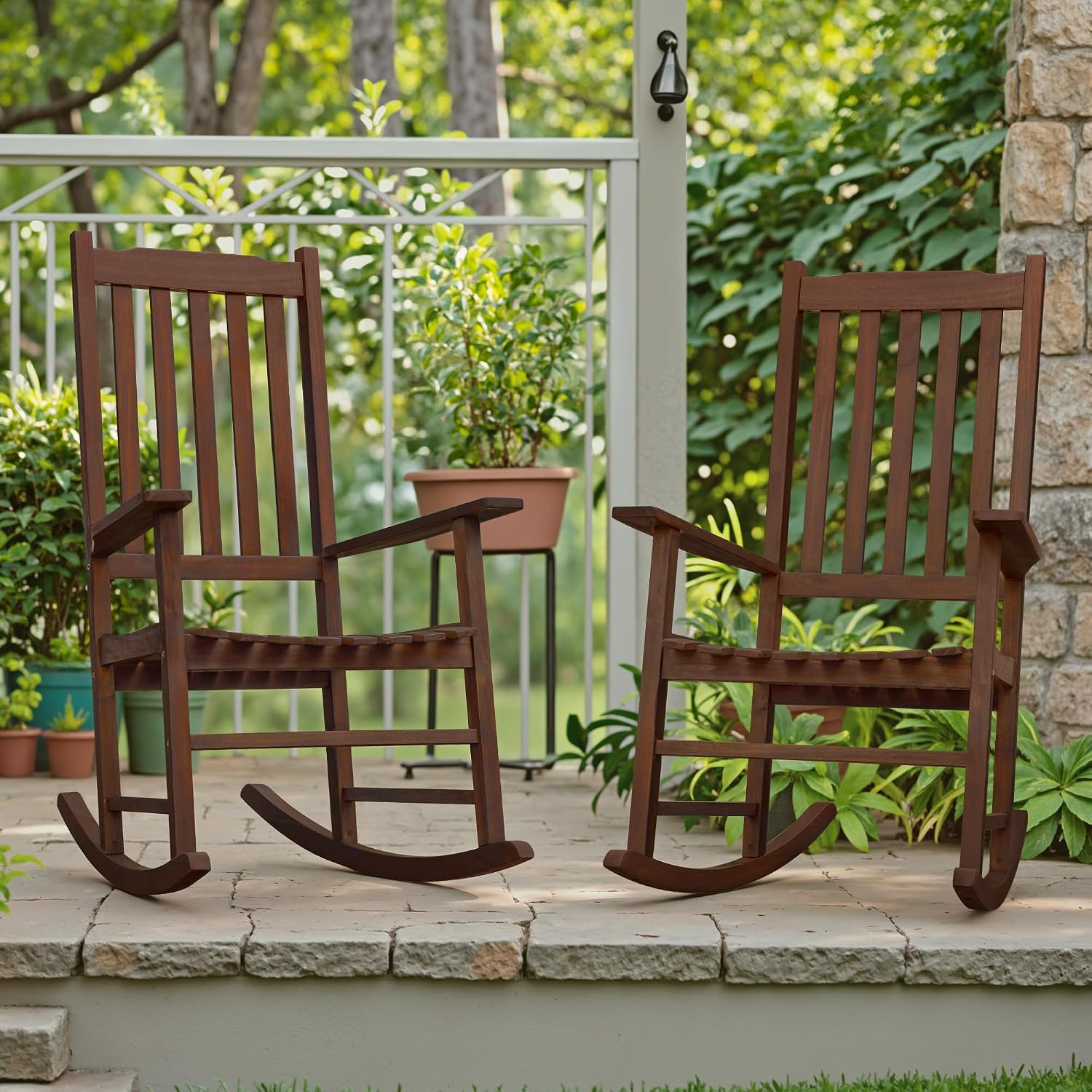 2-Pack Brown Acacia Wood Outdoor Rocking Chairs
