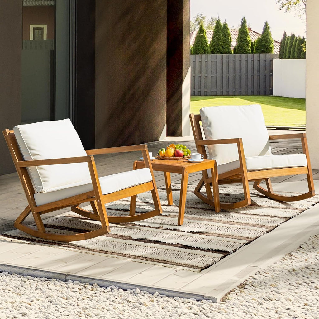 3-Piece Wood Patio Bistro Set, 400lbs Rocking Chairs
