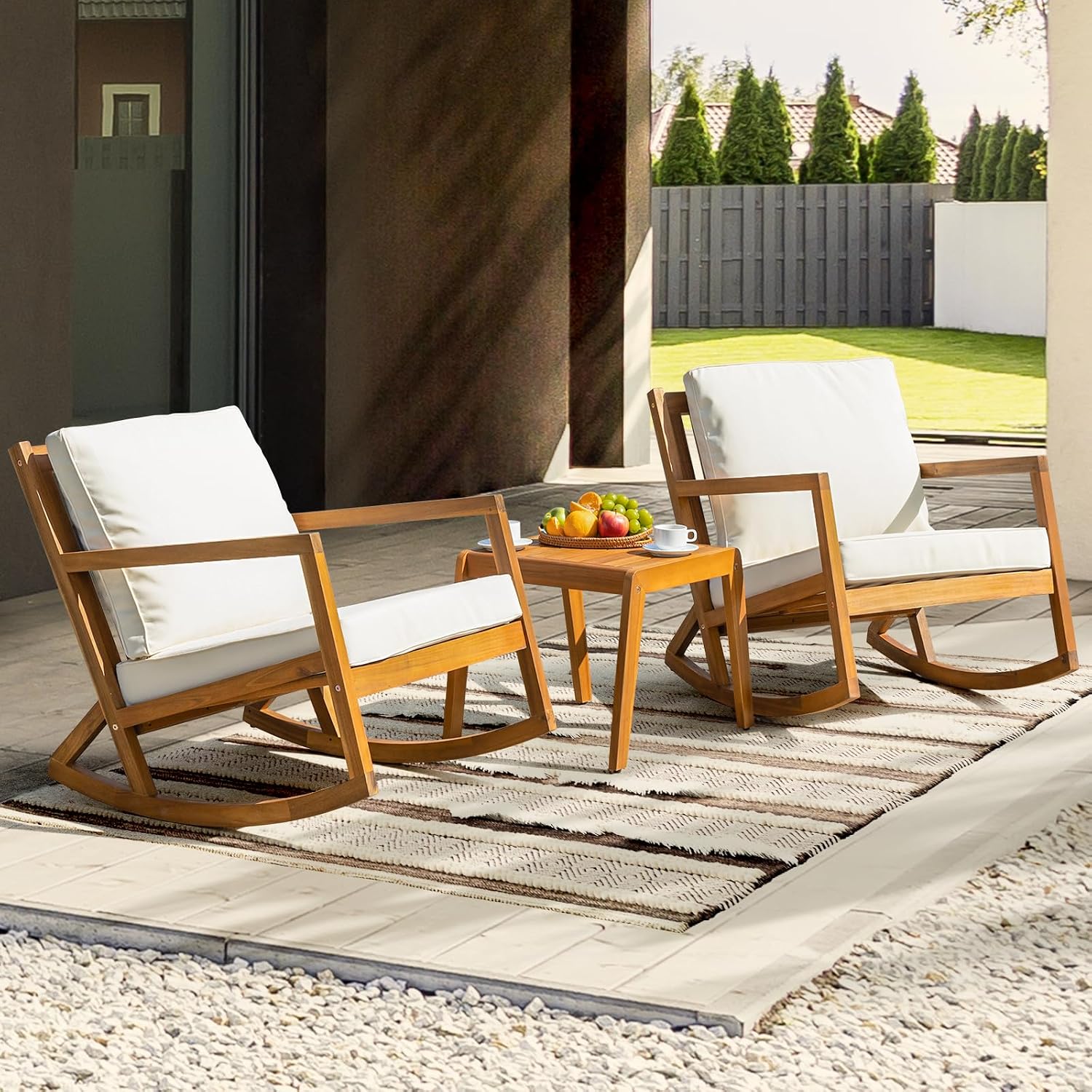 3-Piece Wood Patio Bistro Set, 400lbs Rocking Chairs