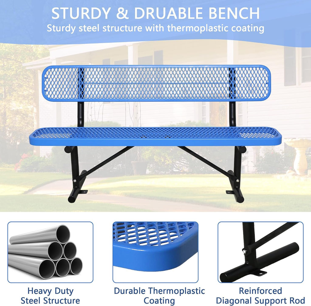 Blue Thermoplastic-Coated Metal Park Bench 6FT