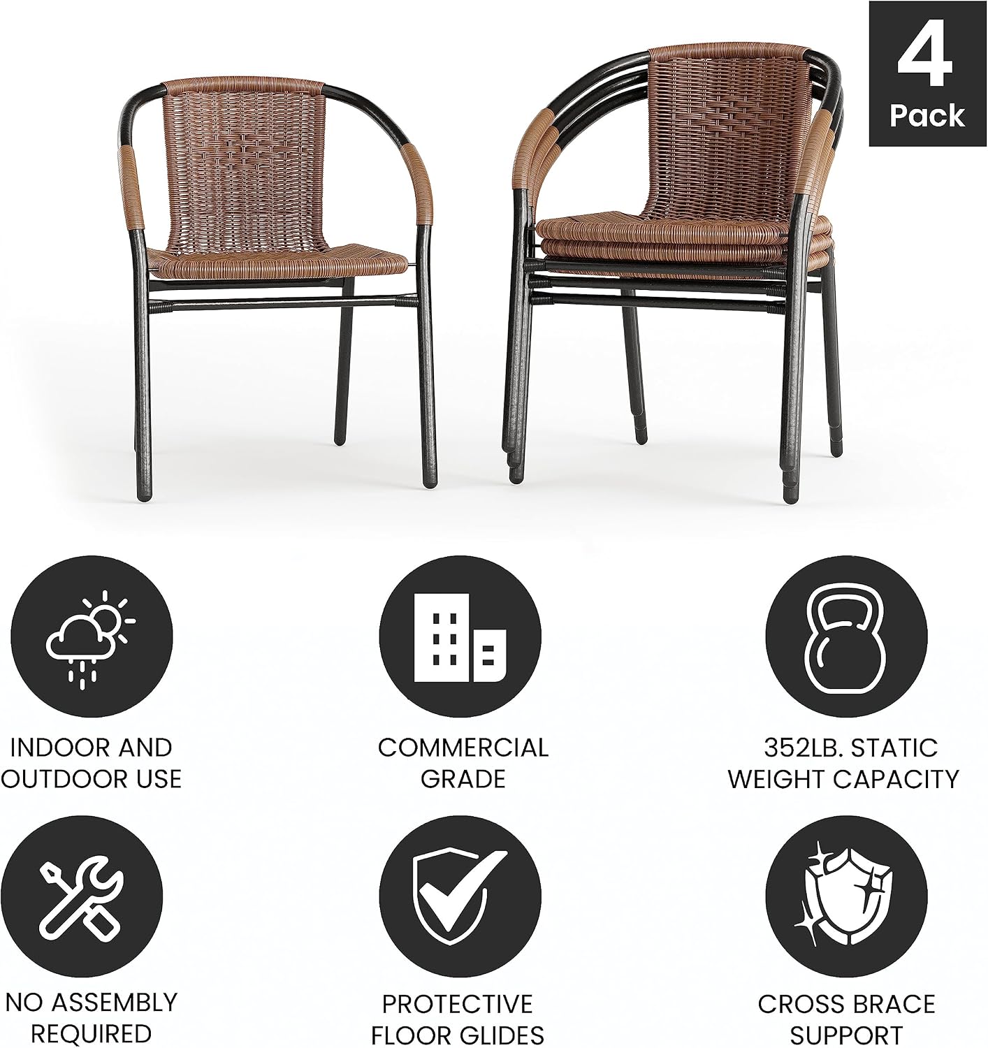 Brown Rattan Stackable Chairs Set of 4