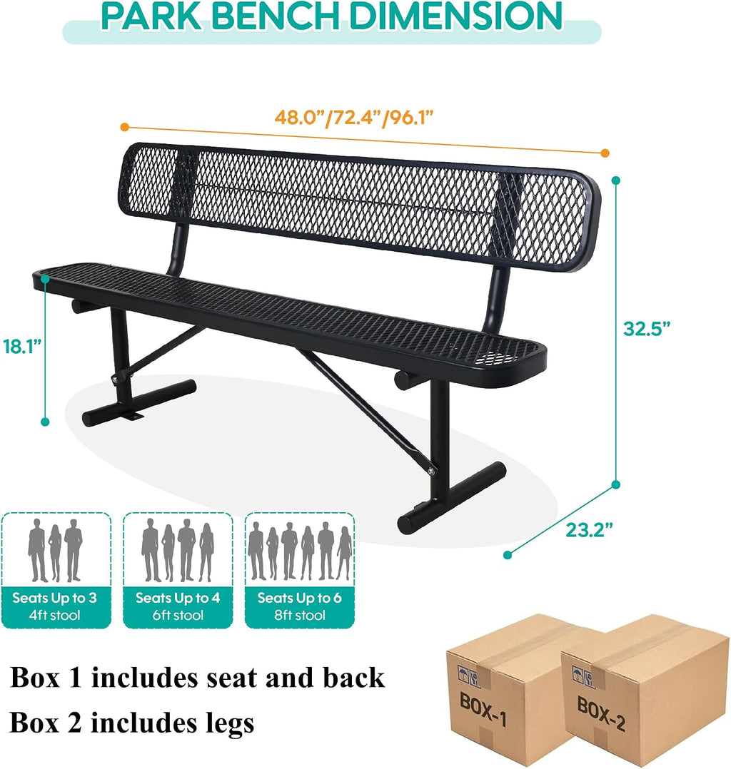 Black Heavy Duty Metal Park Bench with Backrest