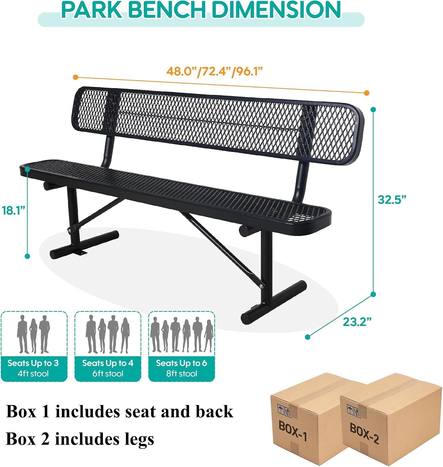 Black Heavy Duty Metal Park Bench with Backrest