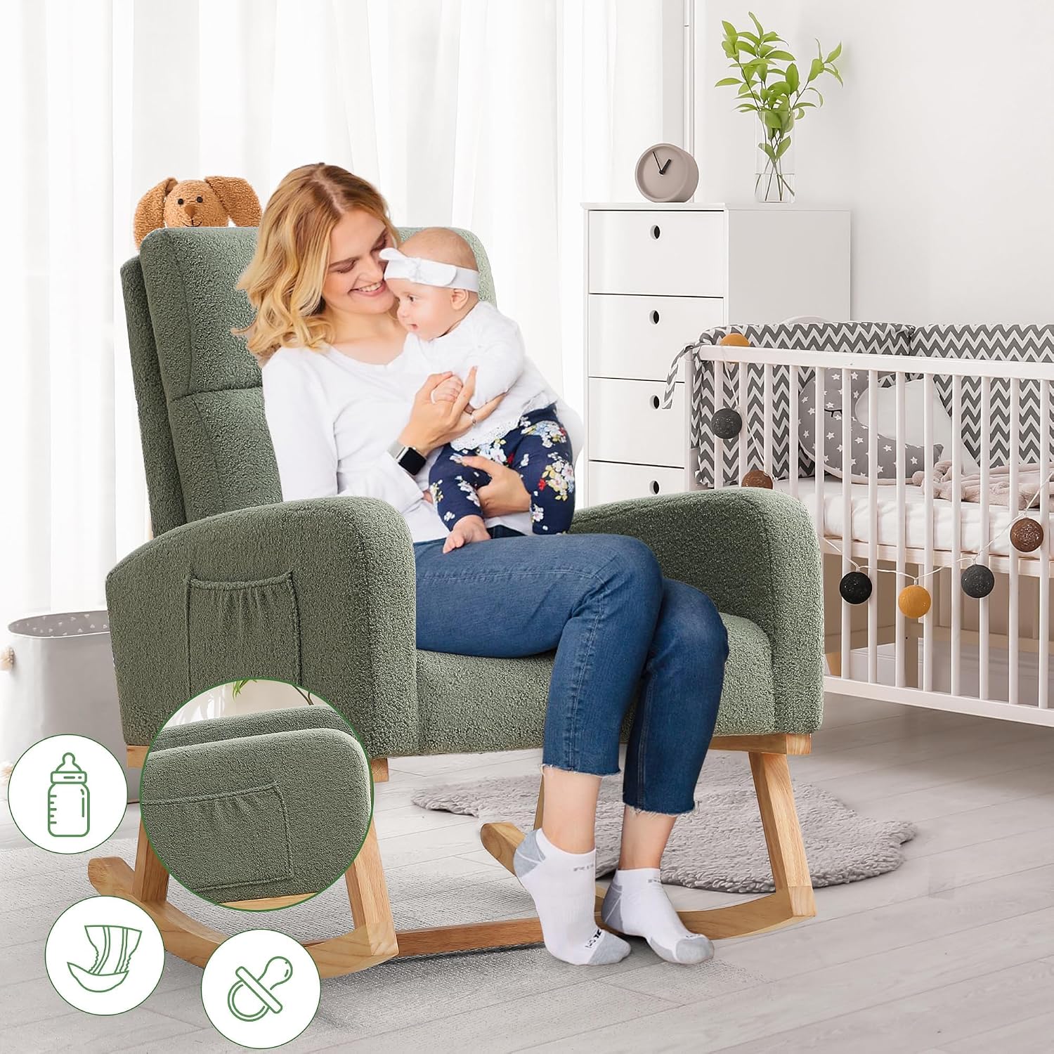 Light Green Boucle Teddy Nursery Rocking Chair