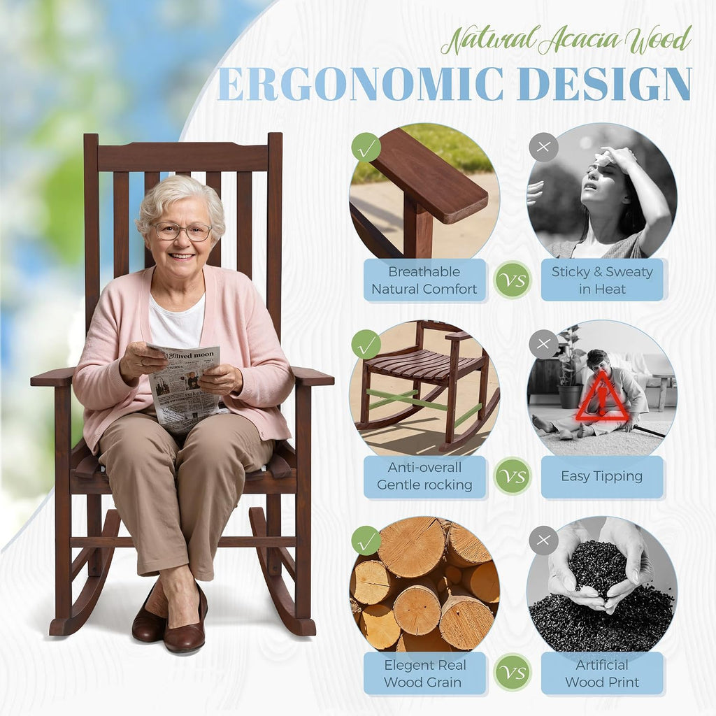 2-Pack Brown Acacia Wood Outdoor Rocking Chairs