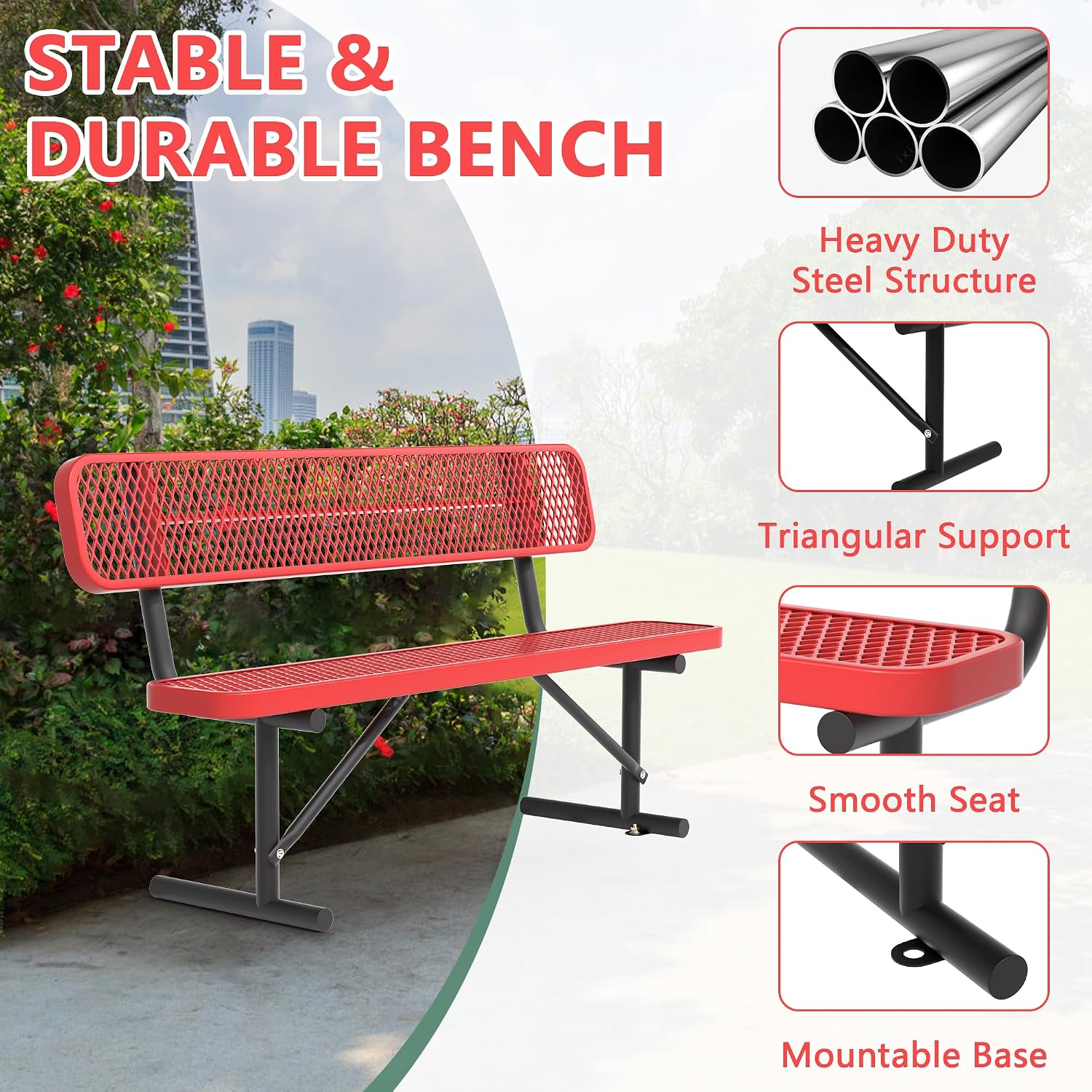 72" Red Metal Park Bench with Backrest, Heavy Duty