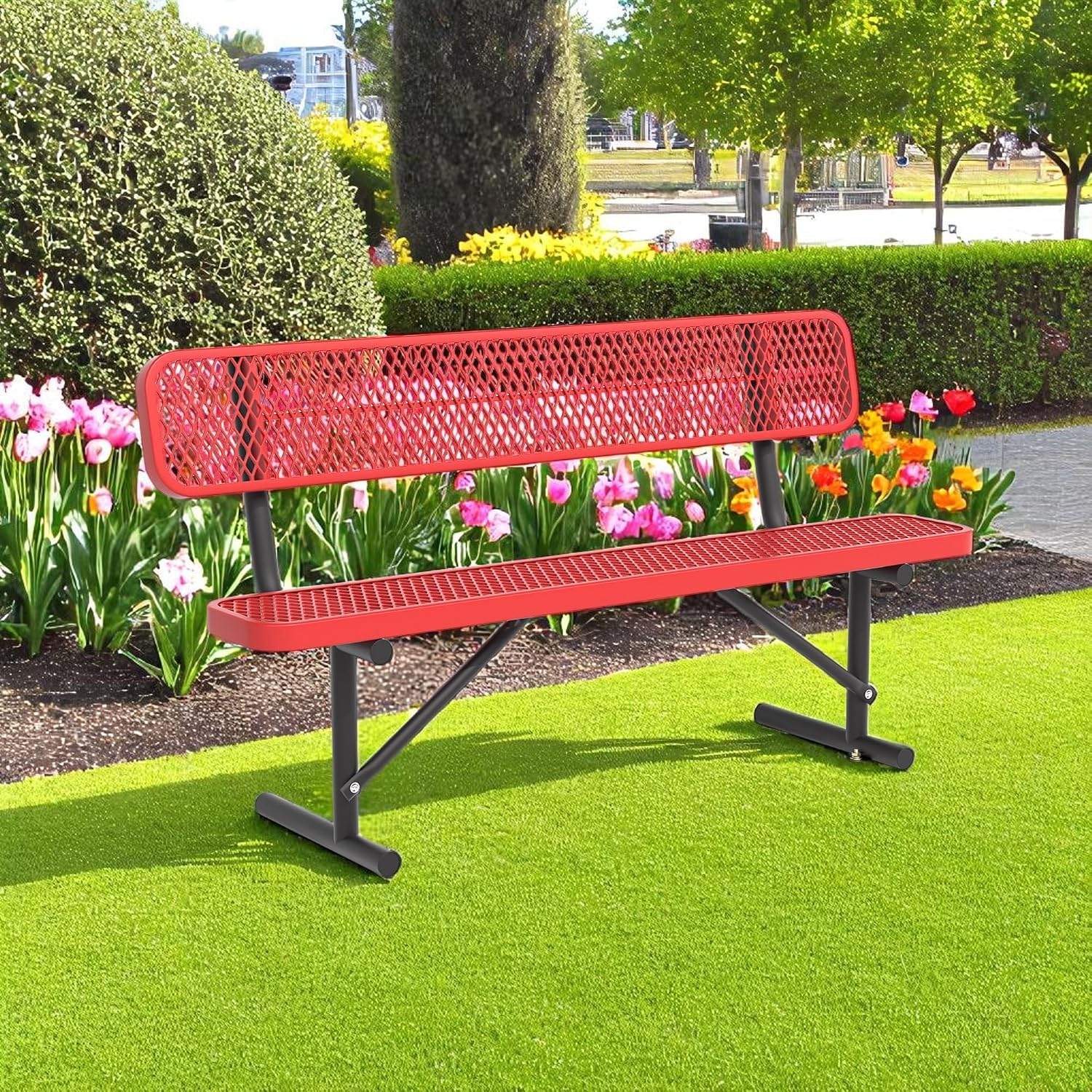 72" Red Metal Park Bench with Backrest, Heavy Duty