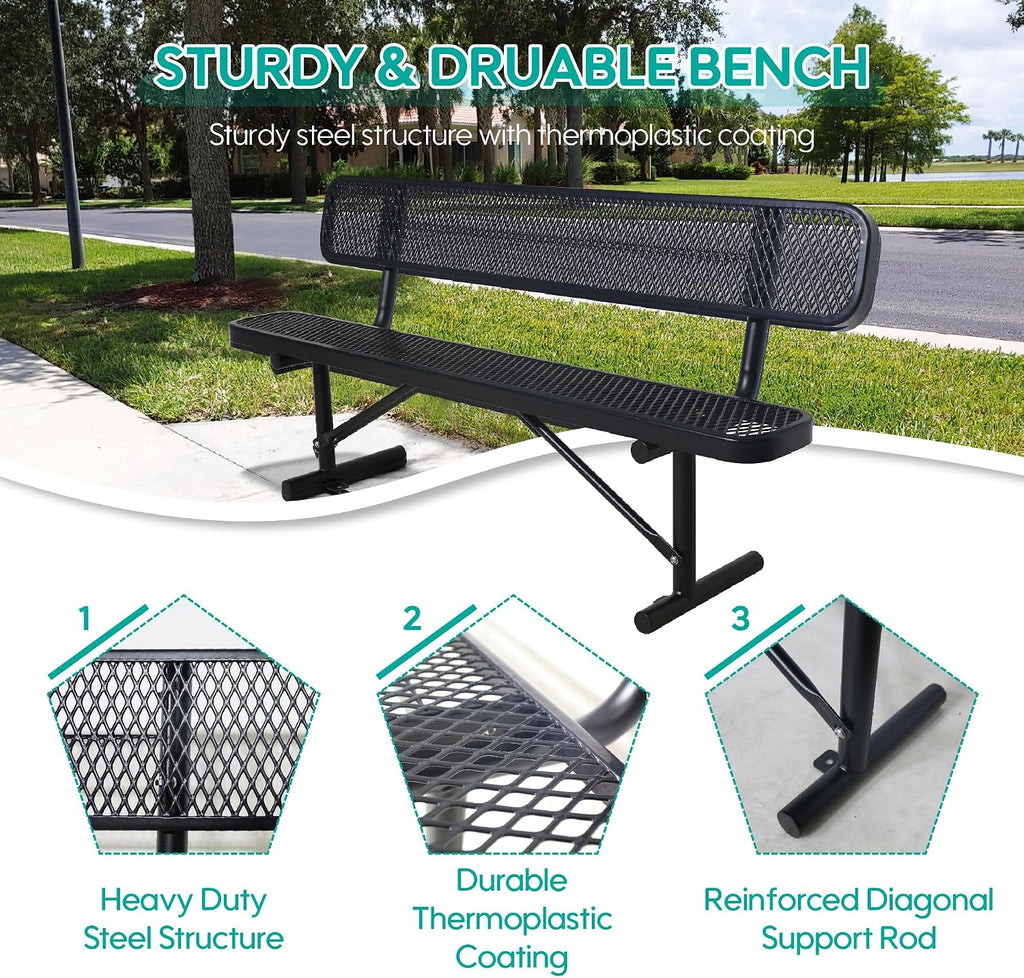 Black Heavy Duty Metal Park Bench with Backrest