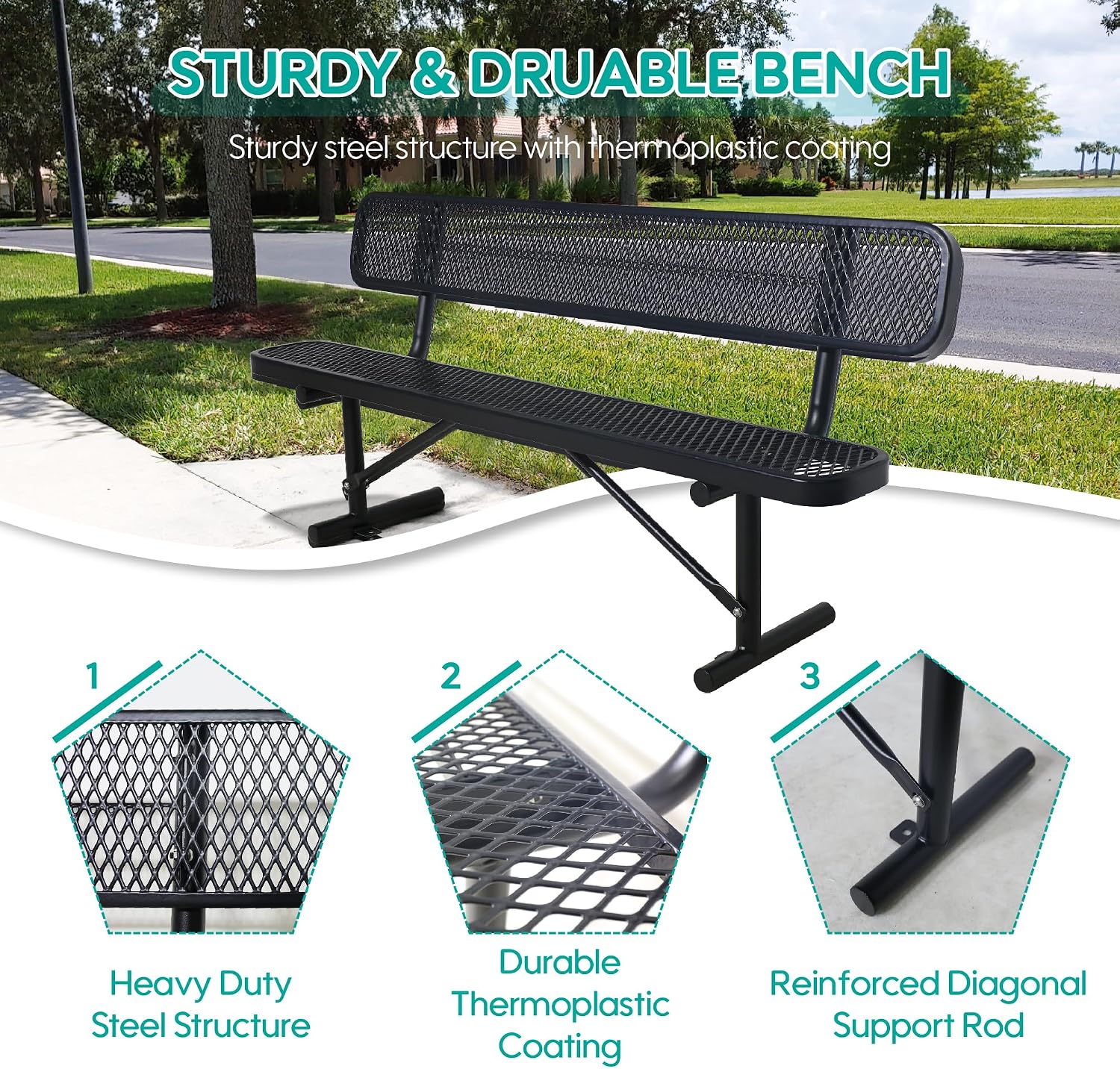 Black Heavy Duty Metal Park Bench with Backrest