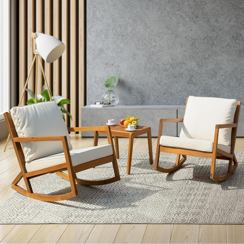 3-Piece Wood Patio Bistro Set, 400lbs Rocking Chairs