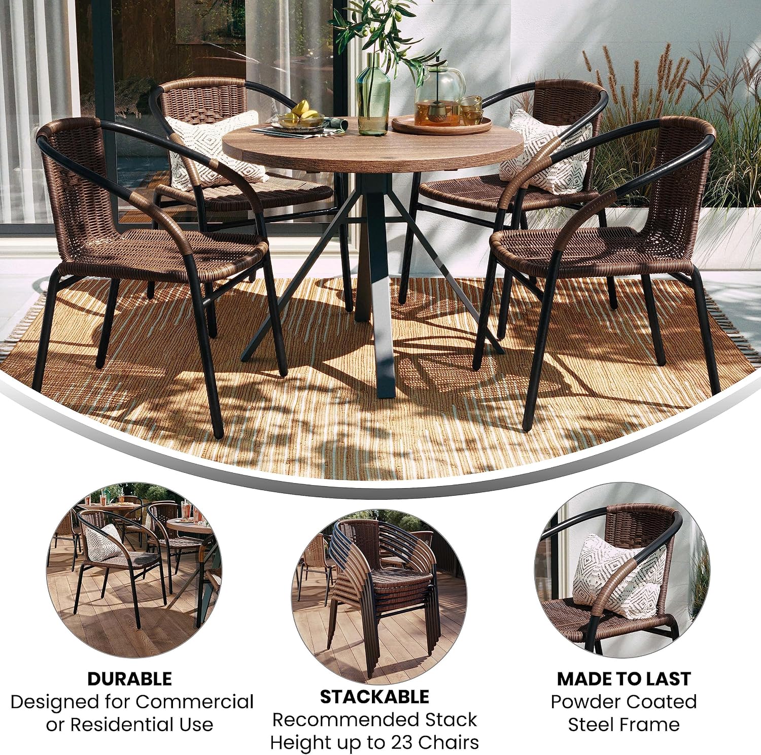 Brown Rattan Stackable Chairs Set of 4